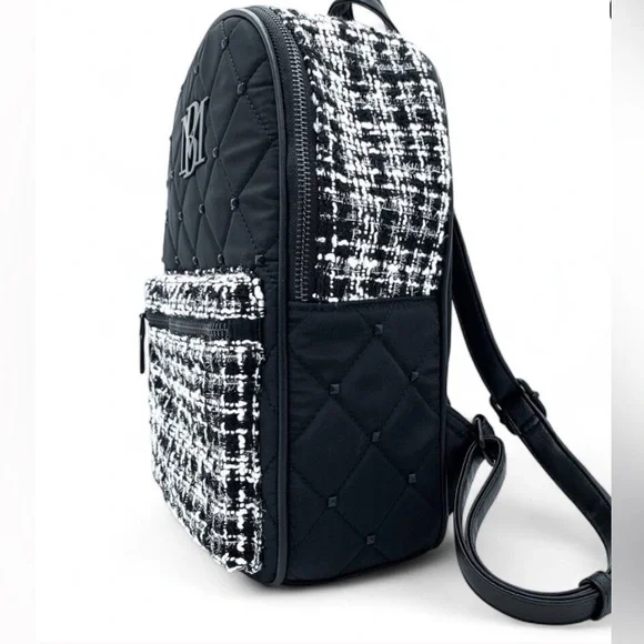 Badgley Mischka Backpack Tweed Quilted Studded Black/White display picture 3